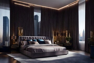A bedroom with a large bed and a large window, Spacious bedroom with city skyline view.