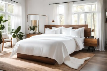 A bed with white sheets and a wood headboard in a room with windows, Crisp white bedding on elegant wood floors in a serene bedroom setting.