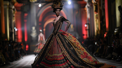 Couture runway fashion featuring an extravagant ensemble on a fierce model.