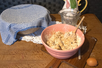 mixing  cake  ingredients  in an old-fashioned bowl 
