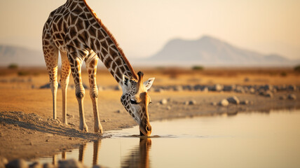 Curious giraffe bending down to drink water.