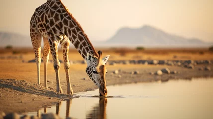 Foto op Plexiglas Curious giraffe bending down to drink water. © CREATER CENTER