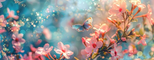Butterfly Alights on Spring Blooms in a Dance of Pink and Blue Generative AI. - obrazy, fototapety, plakaty