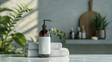 Elegant liquid soap dispenser with towels on vanity