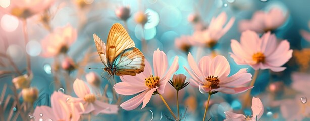 Butterfly Alights on Spring Blooms in a Dance of Pink and Blue Generative AI.