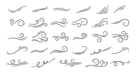 Sketch wind lines. Doodle blowing movement air elements, hand drawn wave freshness. Hand drawn outline aerial shape, swirl motion, abstract flow symbols. Vector set