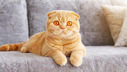 Cute red scottish fold cat with orange eyes lying on grey textile sofa at home. Soft fluffy...