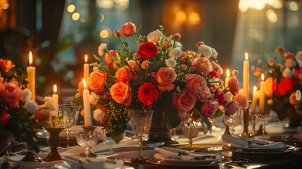 birthday setting with a table set for a lavish feast, adorned with flowers and candles, inviting guests to indulge in a memorable celebration, in cinematic 16k high resolution.