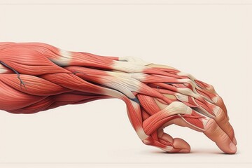 Human arm and hand showing muscles and tendons. Isolated on white background.