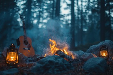 Campfire scene in the forest with a guitar, lanterns, and trees under the night sky