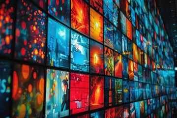 Vibrant video wall displaying diverse content in a modern setting
