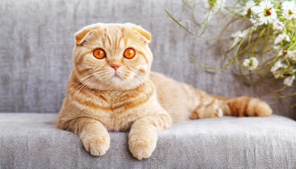 Cute red scottish fold cat with orange eyes lying on grey textile sofa at home. Soft fluffy purebred short hair straight-eared kitty. Background, copy space, close up