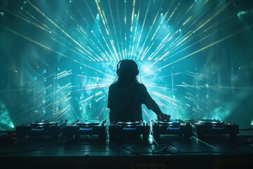 Female DJ Mixing Electronic Dance Music at a Nightclub with Laser Lights in the Background