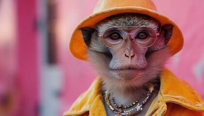 Curious monkey in a vibrant yellow raincoat and trendy glasses, looking directly at the camera
