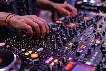 Fototapeta na wymiar Unrecognizable DJs hand mixing on a professional sound mixer at a nightclub party