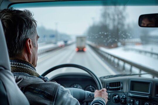 Skilled truck driver navigating snowy road in harsh winter conditions.