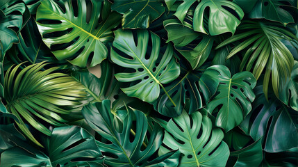 A seamless pattern of lush tropical greenery, a botanical illustration consisting of various tropical leaves that create a sense of depth and realism. The leaves vary in size and shape, including br - obrazy, fototapety, plakaty