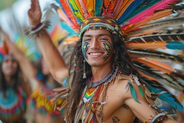 Colorfully dressed man with a vibrant feathered headdress and intricate face paint smiling happily