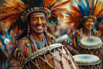 Native American man in colorful headdress and face paint playing drum in festive parade - obrazy, fototapety, plakaty