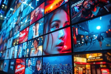 Close-up of a beautiful and trendy female face displayed on a large video wall in the background