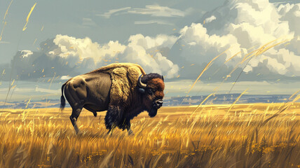 Dignified bison roaming the vast grassy plains. - obrazy, fototapety, plakaty