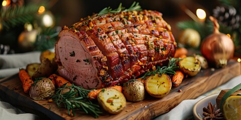 Roasted Ham with Root Vegetables and Herbs Generative AI