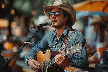 Talented Country Music Artist Performing Live with Guitar at Outdoor Venue under Open Sky