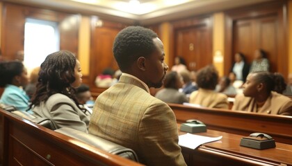 African American man in a suit waiting for justice in a courtroom setting
