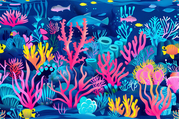 A vibrant underwater coral reef kingdom with fishermen showcasing a vibrant coral reef. There are many species of corals, swaying sea anemones and small colorful reef fish scurrying among the flora.