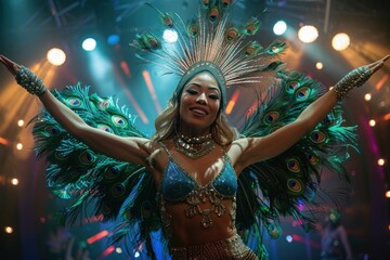 Vibrant Female Samba Dancer In Colorful Costume Performing On Stage Under Bright Lights