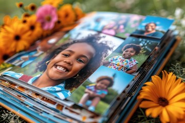 Happy African American family looking at a photo album together outside in the grass with flowers