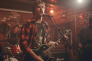 Obraz premium Rock musician performing live at music festival, singer and guitarist on stage