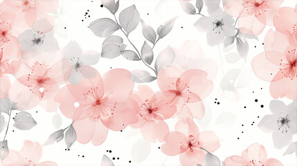 Delicate pink cherry blossoms on a white background is an elegant and soft illustration with a seamless pattern of pale pink cherry blossoms. The inflorescences have five delicate - obrazy, fototapety, plakaty
