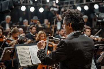 Obraz premium Energetic Male Conductor in Black Suit Leading Orchestra at Captivating Symphonic Concert