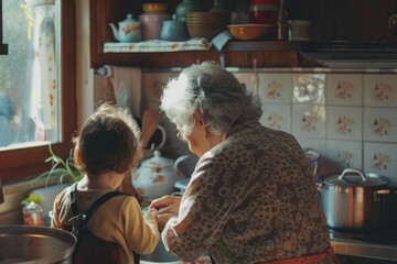 Grandma is cooking with her granddaughter in the kitchen. The warm moments between grandma and...