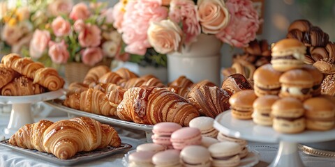 Delightful Pastries A Collection of French Croissants and Macarons Generative AI