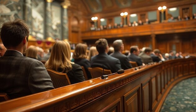 Legislators in session discussing important matters in the assembly hall.