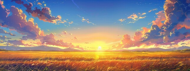 Breathtaking Sunset Over Golden Wheat Fields - A Painterly Sky Generative AI. - obrazy, fototapety, plakaty