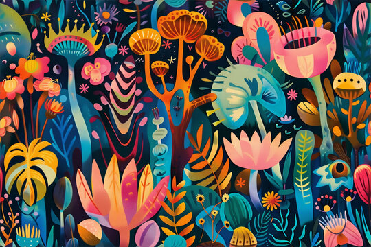 A bizarre garden scene filled with fantastic creatures among huge plants and flowers. Colorful seamless drawing depicting flora and fauna in fantasy style