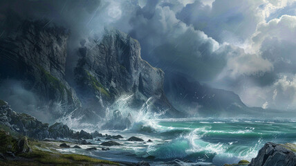 Dramatic coastal cliffs with crashing waves and a stormy sky, creating a sense of raw power. - obrazy, fototapety, plakaty