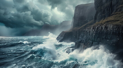 Dramatic coastal cliffs with crashing waves and a stormy sky, creating a sense of raw power.