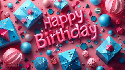 Happy Birthday banner with sleek sans-serif lettering, accented by geometric shapes and bold color blocks, lending a contemporary flair to the festive decor, in stunning 16k full ultra HD. - Powered by Adobe