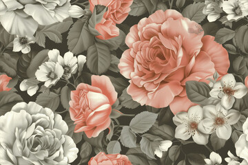 vintage floral lace pattern with bouquets of roses and other various flowers. Roses are of different sizes and are made in delicate pink tones, with a velvety texture of the petals.