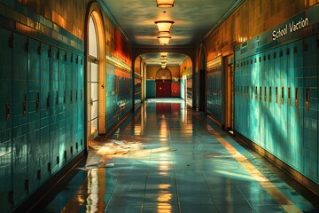 School Vacation banner adorned with images of deserted school corridors, lockers standing silently as if holding memories of the academic year past and anticipation for the adventures ahead - obrazy, fototapety, plakaty