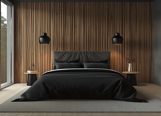 3D rendering of a modern bedroom interior design with wooden paneling on the walls and a black bed, front view, in the style of minimalist