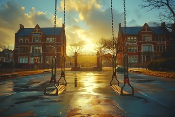 School Vacation with a banner showcasing a deserted school playground, swings swaying gently in the breeze and slides gleaming in the sunlight, promising endless hours of outdoor fun and freedom - obrazy, fototapety, plakaty