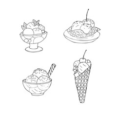 Set of hand-drawn ice cream served in glass cup, waffle cone, and plate. Dessert doodle style illustration.