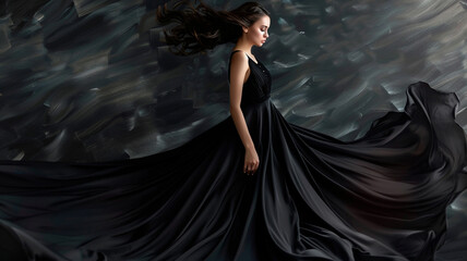 Elegant black evening gown flowing gracefully around a poised model.