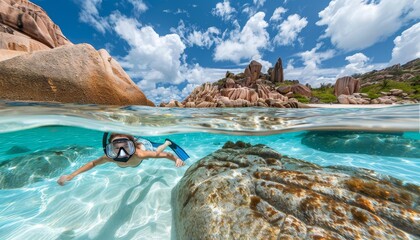 Elderly person snorkeling with a diving mask in the serene ocean of a secluded tropical island