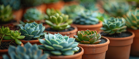 Close up macro shot of echeveria succulents in pots, with empty copy space